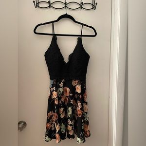 Floral mini dress with lace top.